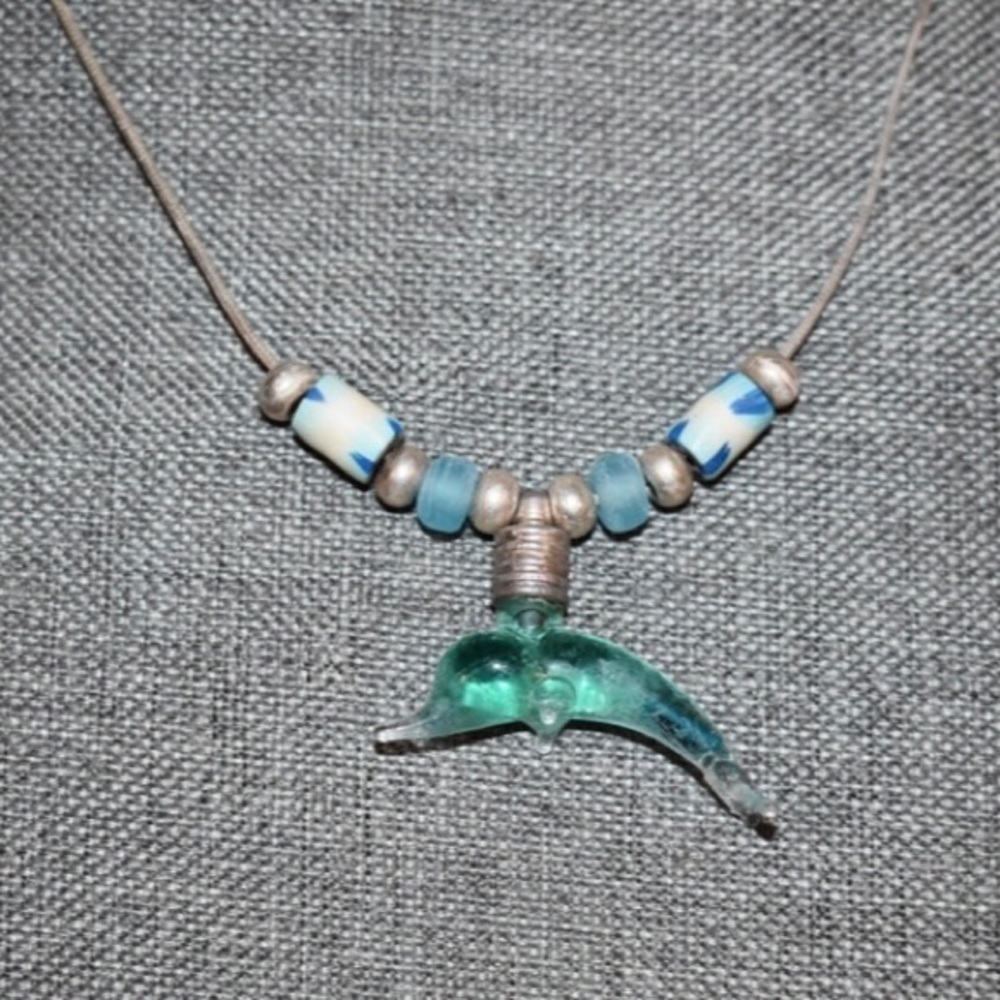 Vintage Sterling Silver‎ aqua dolphin pendant Necklace 19"